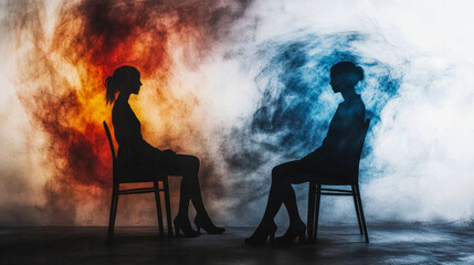 Two silhouettes in contrasting smoke colors illustrate emotion and duality in a creative artistic setting