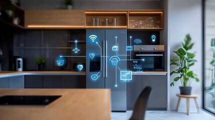 Modern kitchen with smart fridge and glowing tech, showing a connected, future home