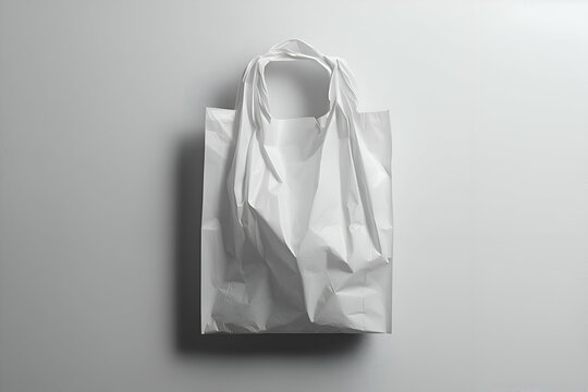 A simple white plastic bag with a blank label, perfect for showcasing minimalist packaging or branding designs.