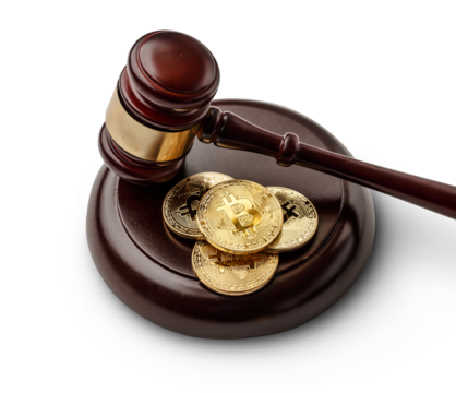 Judge's gavel and bitcoin coins in closeup