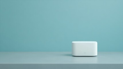 A sleek white Wi-Fi router on a grey table with a soft blue background.

