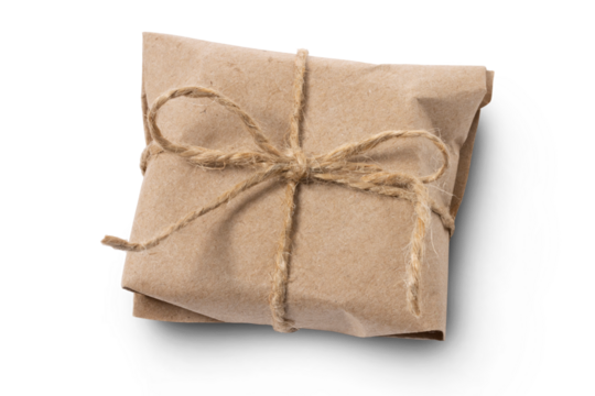 A small gift wrapped in wrapping paper and tied with twine