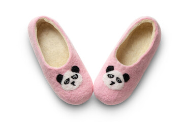 Felt slippers on white background in closeup