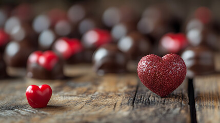 Fototapeta premium Red Glitter Heart Decorations with Chocolate Candies on Wooden Surface for Romantic Occasions : Generative AI
