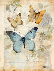 Vintage book page with butterfly, stamperia, watercolor style art, beautiful antique vintage page old paper