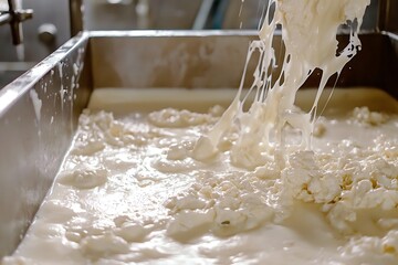 Fresh milk processed into creamy cheese through curdling and aging, perfect for culinary enthusiasts.