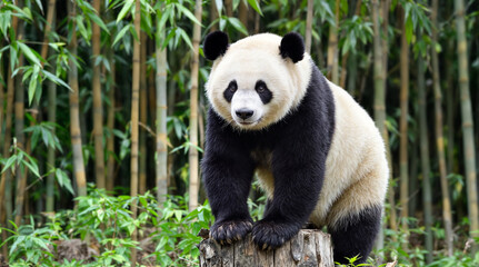 An adult panda bear standing on a tree stump in a bamboo forest