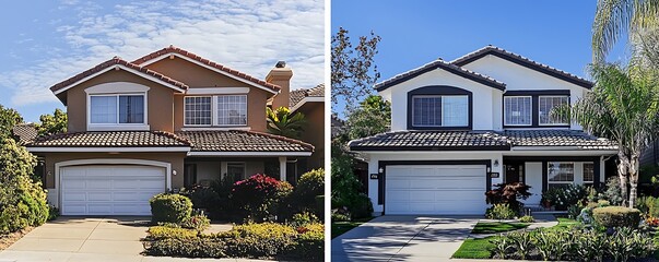 A before and after comparison a home exterior highlighting fresh paintwork and landscaping improvements