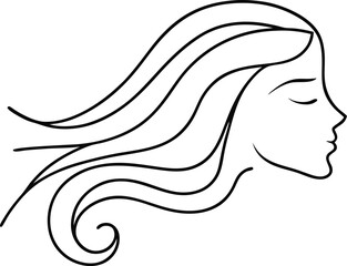 Line art drawing of a woman's profile with long, flowing hair, suggesting wind. Minimalist style, black and white, serene expression. Elegant and graceful depiction of female beauty.
