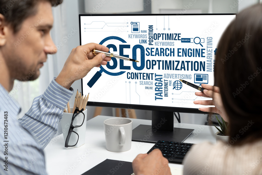 Poster seo search engine optimization for brisk e-commerce and online retail business showing on computer s