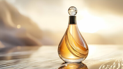A sleek bottle of perfume, displayed with a soft focus, creating a luxurious atmosphere for product promotion.