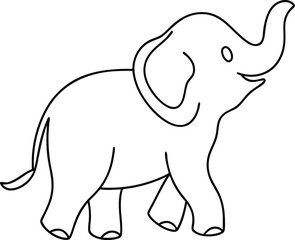 A simple line drawing of a happy baby elephant, walking, with its trunk raised. The style is cartoonish and childlike. Black outline on white background.