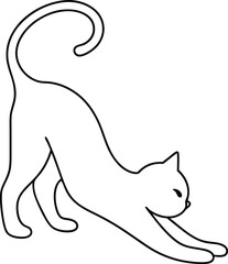 A minimalist line drawing of a white cat stretching gracefully. Its back is arched, tail curled, showing a relaxed yet elegant posture. Simple, clean, and charming.