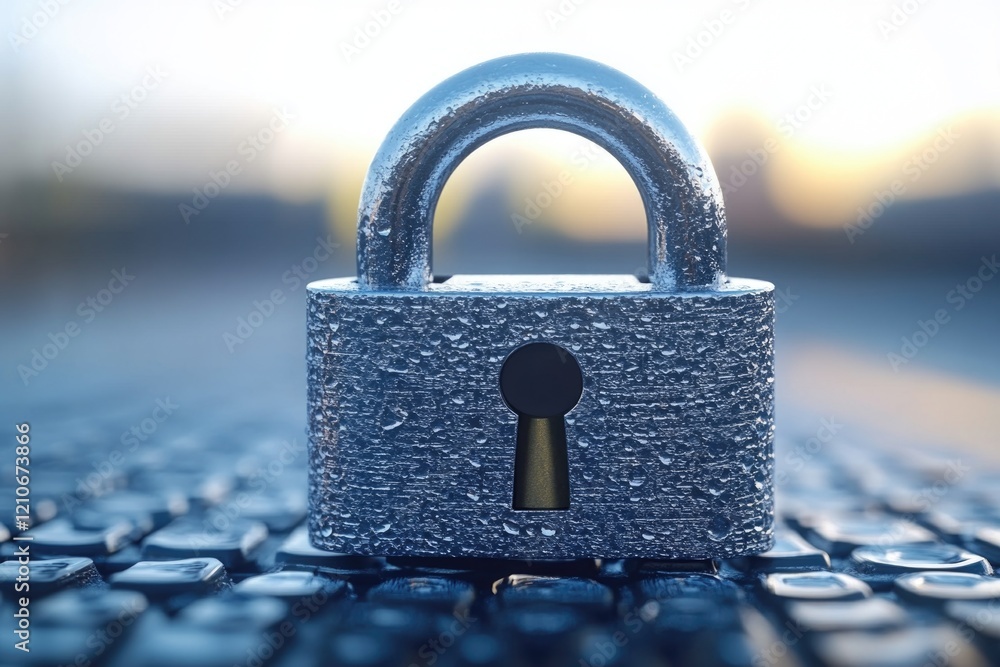 Poster a padlock sits on top of a computer keyboard, suggesting security and protection