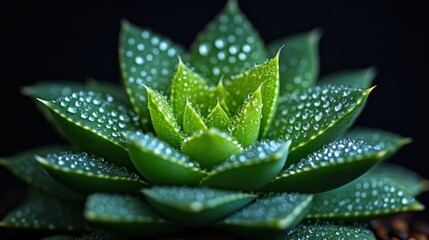 a healthy aloe vera plant with fresh, succulent leaves covered in dewdrops. The plant vibrant green leaves stand out against a rich, dark background