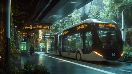 Obraz premium A high-tech public transport hub featuring holograph
