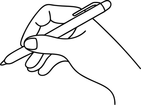 Line drawing of a right hand holding a pen, poised for writing or drawing. Simple, clean lines depict the action of writing or sketching. A classic illustration of the writing process.