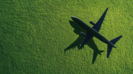 Airplane shadow over green field, symbolizing sustainable aviation