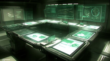 Futuristic control room with holographic displays and large central table.