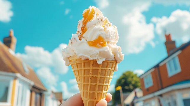 Delicious Peach Ice Cream Cone on a Sunny Day