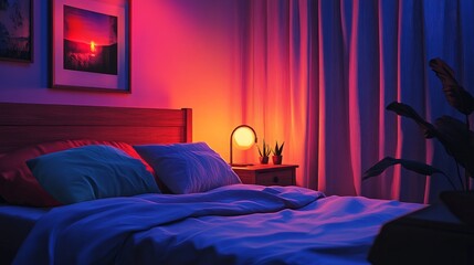 Cozy bedroom with a soft bed and nightlight on a bedside table