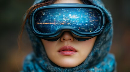 Woman wearing futuristic goggles, virtual city reflected.