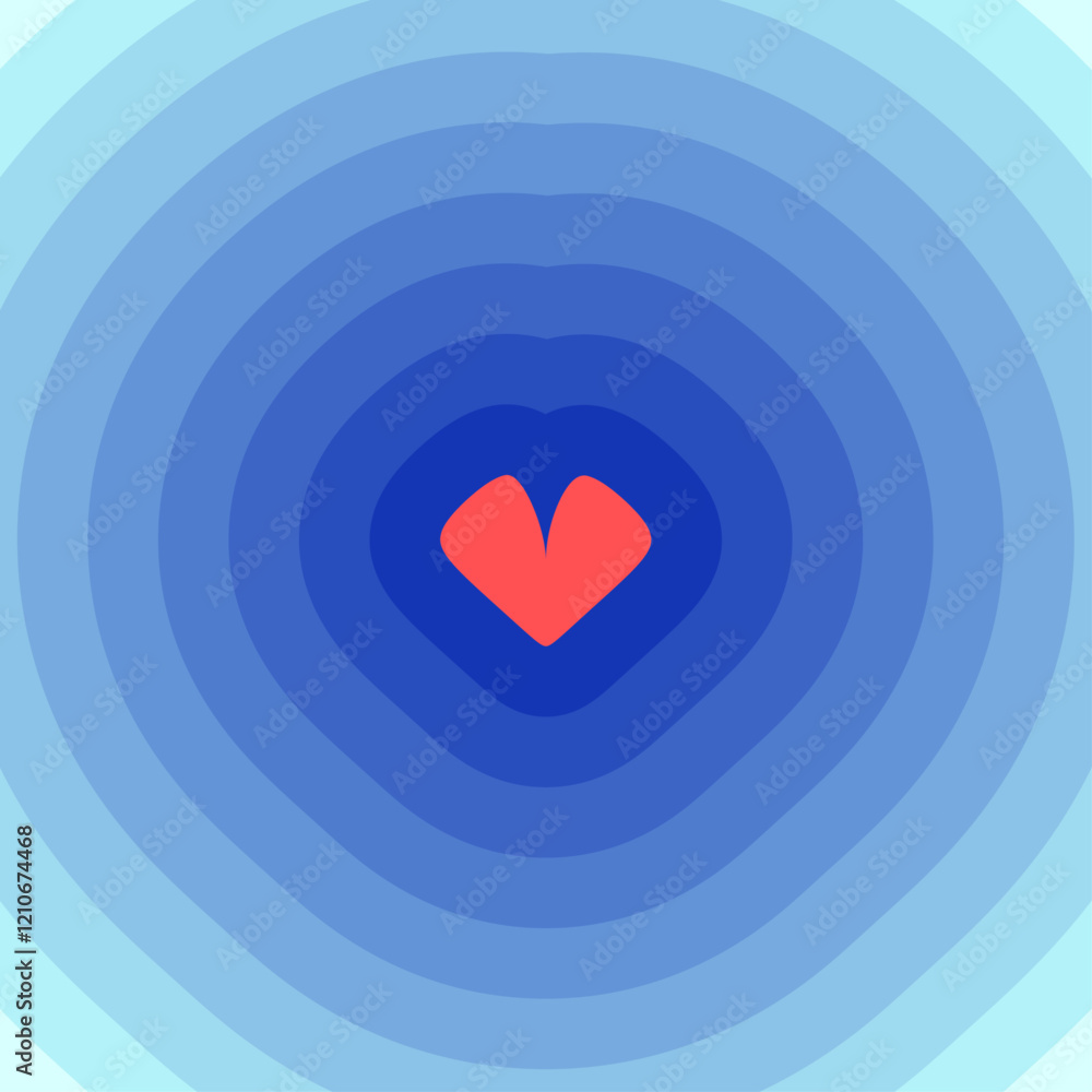 Poster abstract heart design with a vivid red center surrounded by soothing blue gradient concentric layers