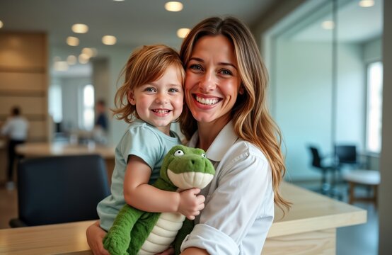 Happy mother holds child at reception desk in dental clinic. Smiling family enjoys pleasant moment before visit. Child holds toy. Indoor shot captures warm, joyful atmosphere. Calm, relaxed vibe.