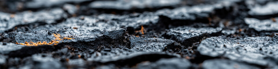 Close-up of Dark, Cracked Surface with Orange Highlights