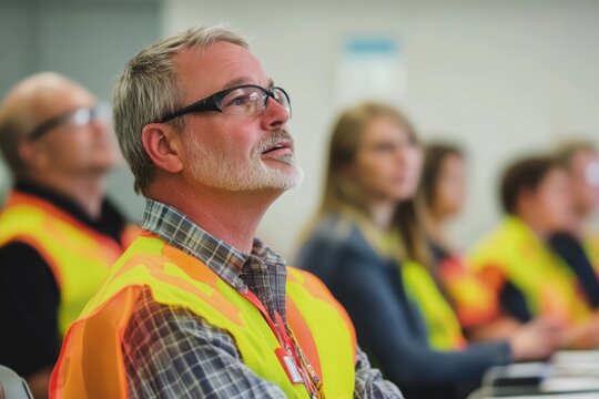 Group of workers gathered for a safety meeting, discussing protocols and procedures