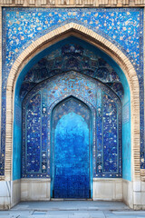 Intricate Blue Mosaic Tile Archway with Traditional Islamic Art Design : Generative AI