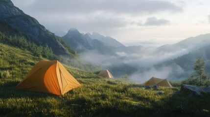 Two camping tents set up on a hill in the mountains