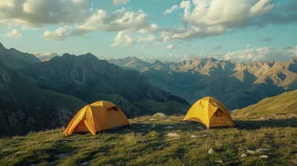 Two camping tents set up on a hill in the mountains