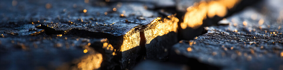 Fototapeta premium Fractured Dark Rock Surface with Golden Illumination
