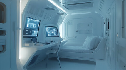 Fototapeta premium A pristine, minimalist futuristic room with a desk, dual monitors, and a stark white bed