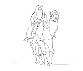 Fototapeta premium Arab man riding a camel, Bedouin wearing a keffiyeh one line art. Continuous line drawing of online Muslims, Islam, traditions, clothing, folk, oriental.
