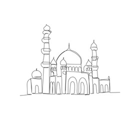 Mosque, house of prayer for Muslims, architecture one line art. Continuous line drawing of online Muslims, Islam, traditions, clothing, folk, oriental.