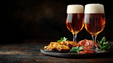 A minimalistic arrangement of craft beer served in elegant tulip glasses with a small charcuterie plate beside them