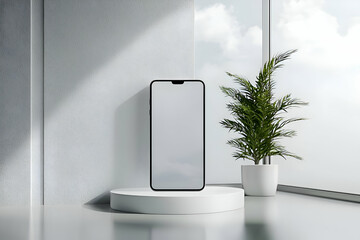 A smartphone screen mockup placed in a sleek, modern setting, ideal for showcasing apps or digital content designs.