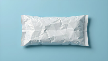 Obraz premium Glossy White Plastic Snack Wrapper Mockup Isolated on Light Blue Background