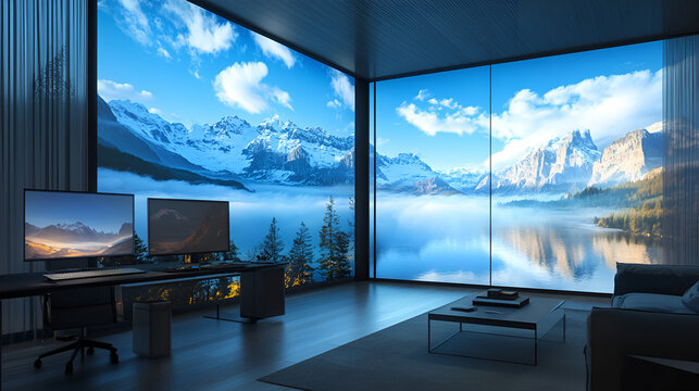 A home office with a scenic background projected on 
