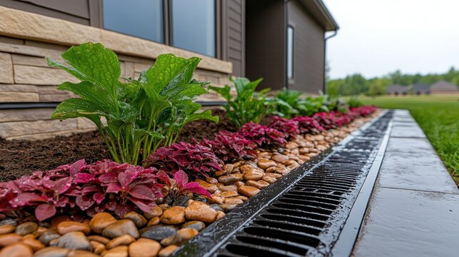 Lush landscaping with rain-soaked plants and decorative stones bordering a drainage system next to a modern home.