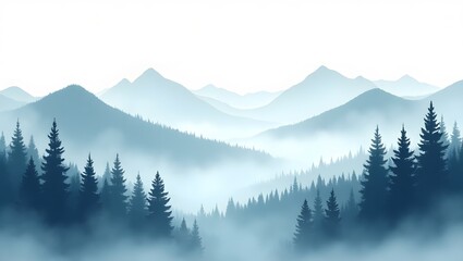 watercolor illustration A foggy mountain landscape in the morning with snow, trees, and mist
