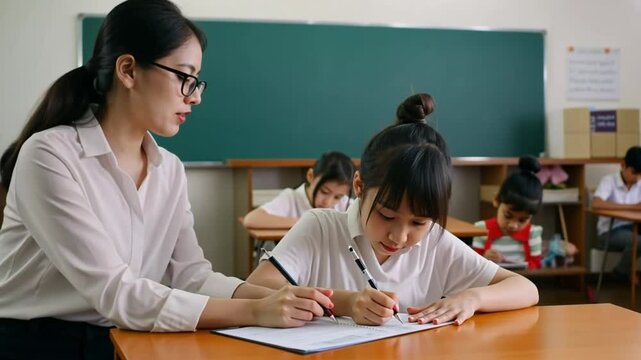 Teacher assists student with schoolwork or Caring teacher helping schoolgirl in classroom