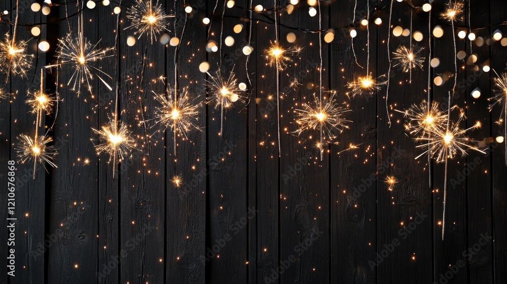 Poster a bunch of sparklers hanging from a string