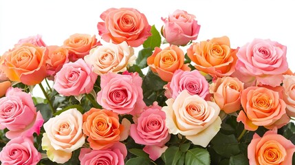 A lush cluster of delicate pink and vibrant orange roses, arranged gracefully to create a breathtaking wall of flowers.