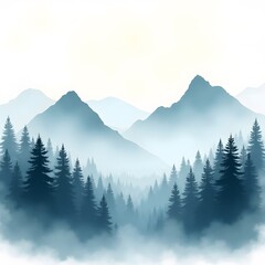 watercolor illustration A foggy mountain landscape in the morning with snow, trees, and mist