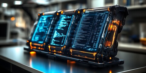 Futuristic digital devices displaying code.