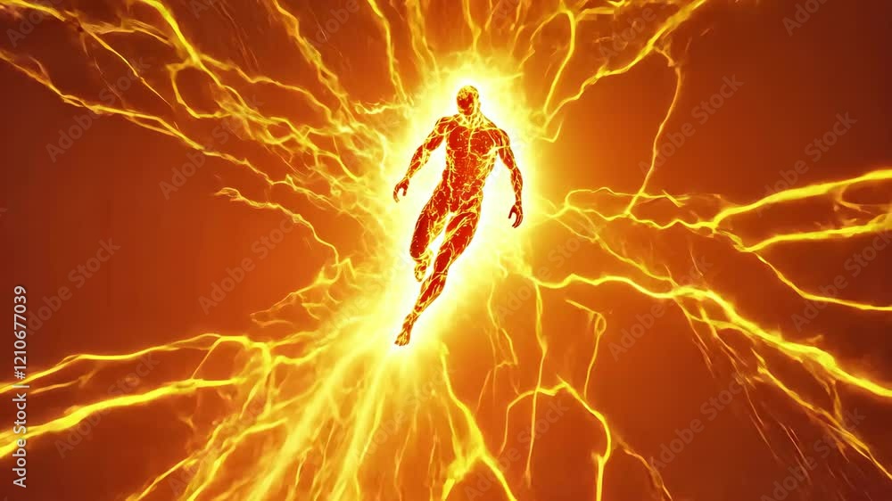 Poster dynamic figure surrounded by vibrant energy bursts in a powerful display of movement and light