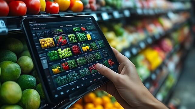 Person using tablet to manage produce inventory in grocery store.
